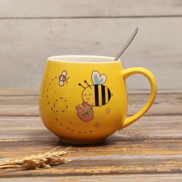 

mugs cute little bee cartoon ceramic coffee mug with spoon office home drinking cup tea creative gift for lovers, family, childre