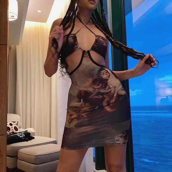 

fashion hollow out mini womens dresses vintage printed sleeveless vestido de mujer summer, Black;gray