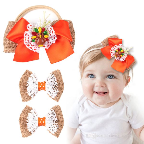 Cute Halloween Dos Desenhos Animados Miúdos Headband Estilo Europeu Lace Lace Cabelo Elástico Cabelo De Cabelo Conjunto Turquia Acessórios Crianças Bowknot Barrette D190