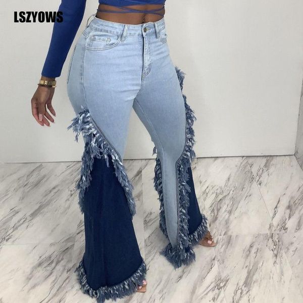 

casual wide leg jeans women 2021 color block patchwork denim tassel flare pants ladies retro skinny bell bottom streetwear women's, Blue