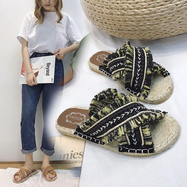 

slippers elegant ethnic beach flat slides women open toe summer cross-tied mixed colors ladies shoes, Black