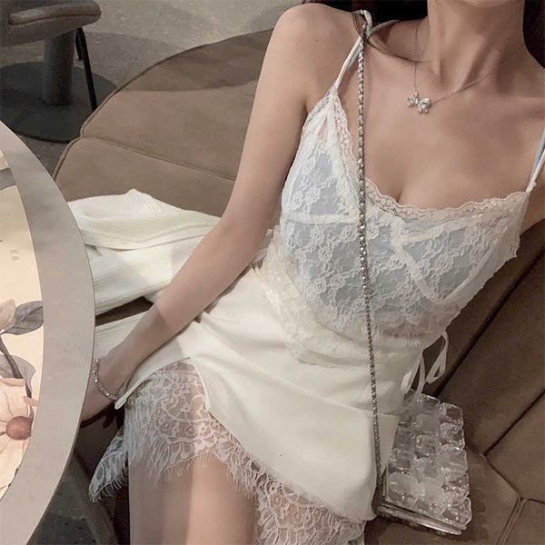 

luxury party evening dress 2021 lace stitched split a-line high waist slim and versatile temperament half length pants short skirt, White;pink