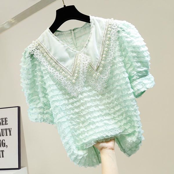 

women's blouses & shirts summer lace shirt women handmade beaded diamond chain decorative sweet doll collar perspective blouse blusas, White