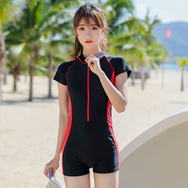 

swimsuit female conservative cover belly show thin one-piece student sports flat angle large professional swimsuit short sleeve spring, Red;black