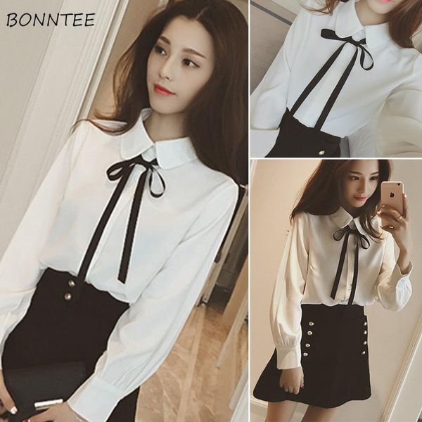 

women's blouses & shirts women large size thicker stand collar solid simple all-match bow elegant ladies shirt womens trendy sweet chic, White