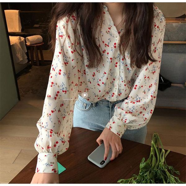 

floral loose v-neck casual shirt women's shirts ulzzang japanese kawaii vintage female korean harajuku cute clothes for women blouses &, White