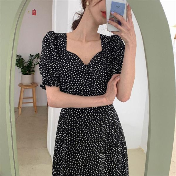 

sweetheart neck floral with tie women dress waist puff sleeve chiffon printed midi charming spring summer outfit, Black;gray