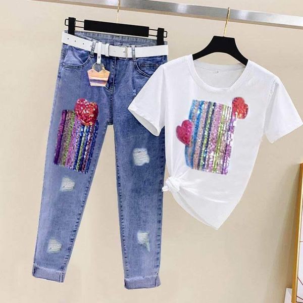 

summer sets fashion womens pants short sleeve sequins t shirt hole jeans 2pcs large size female girl casual denim suits, White