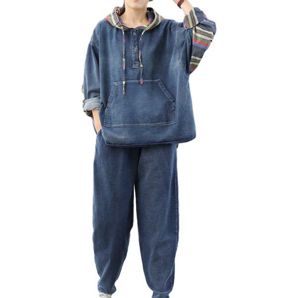 

women's tracksuits limindspcxqq 2021 spring korean fashion ladies loose two pieces sets womens denim vintage suits patchwork streetwear, Gray