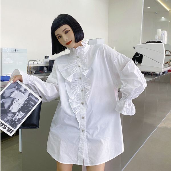 

spring women fashion sweet blouse stand collar single breasted flare sleeve minimalist ruffles loose shirt 8y764 210510, White