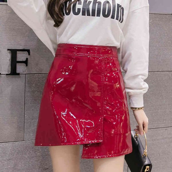 

Skirts skirts Autumn Glossy PU A-line Mini Skirt Women's Solid Candy Red Pink Faux Leather Irregular Slim Short S DE2J, Black