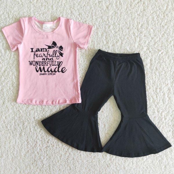 

clothing sets wholesale children sping baby girls boutique kid short sleeve letter bell pink shirt black cotton pants outfit, White