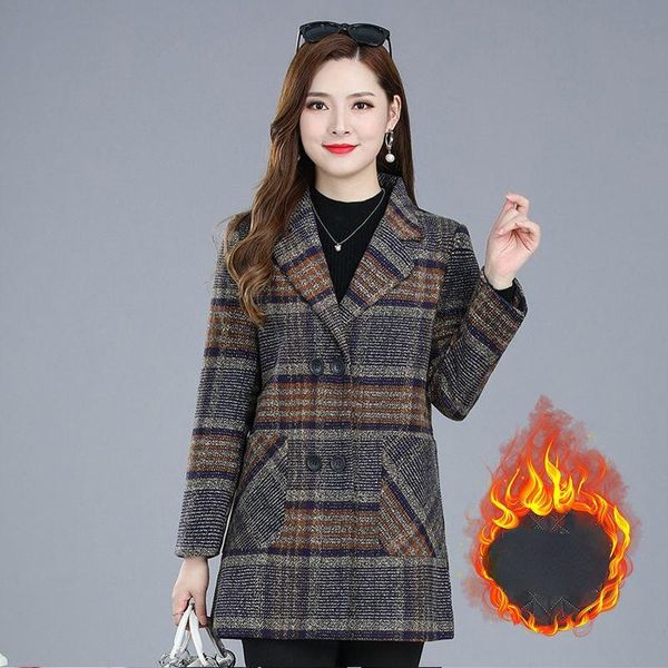 

women's wool & blends women coat winter 2022 turn down collar plaid double breasted woolen jacket outerwear female y664, Black