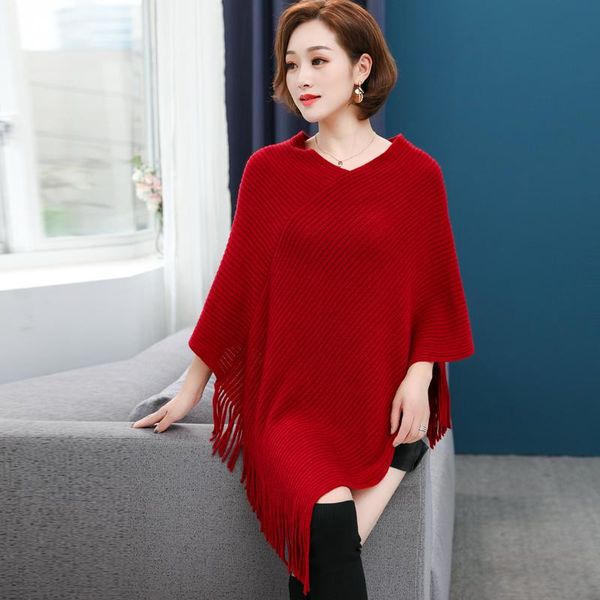 

women's sweaters 2021 korean version of irregular v-neck shawl bat sleeve fringed loose sweater red and white plus size cloak type woma, White;black