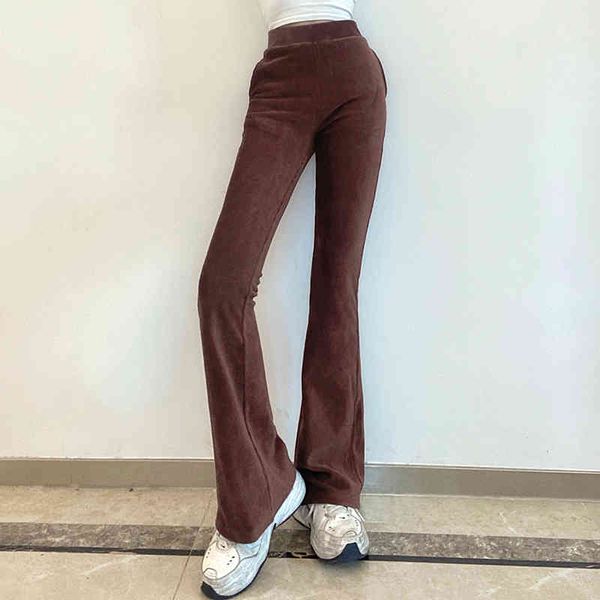 Kahverengi Kadife Skinny Y2K Flare Pantolon Kadınlar Vintage Harajuku Uzun Casaul Streç Yüksek Vana Pantolon Sweatpants Capris 210415