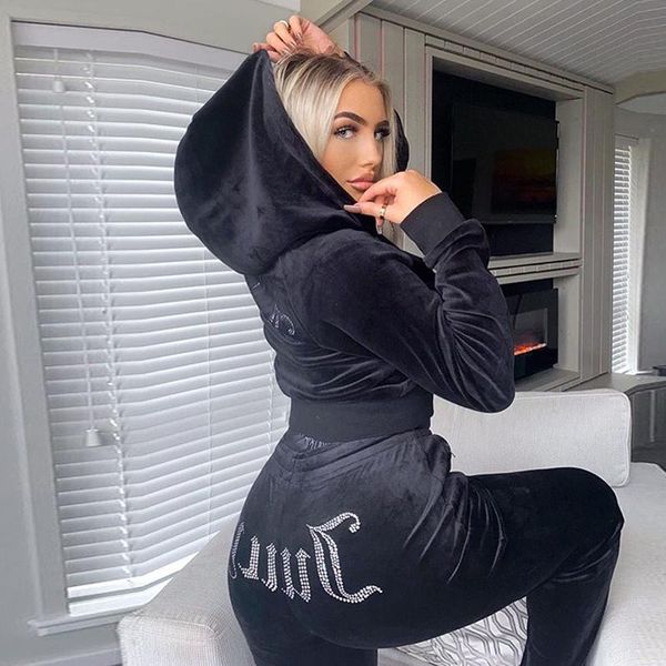 

women's two piece pants velvet set hooded women velour tracksuit rhinestone embellished straight winter female 2 pcs lounge wear suit, White