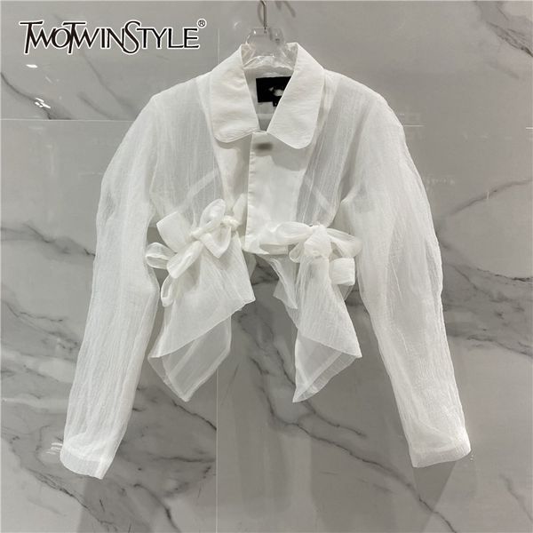 

white casual shirts for women lapel long sleeve patchwork bowknot irregular hem short blouses female summer fashion 210428