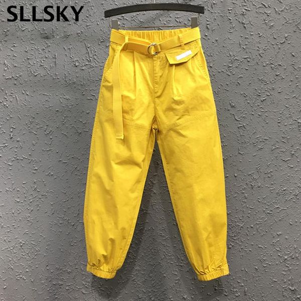

women's pants & capris sllsky high waist cargo women loose casual harem candy color solid female pockets sashes ankle-lenth trousers, Black;white