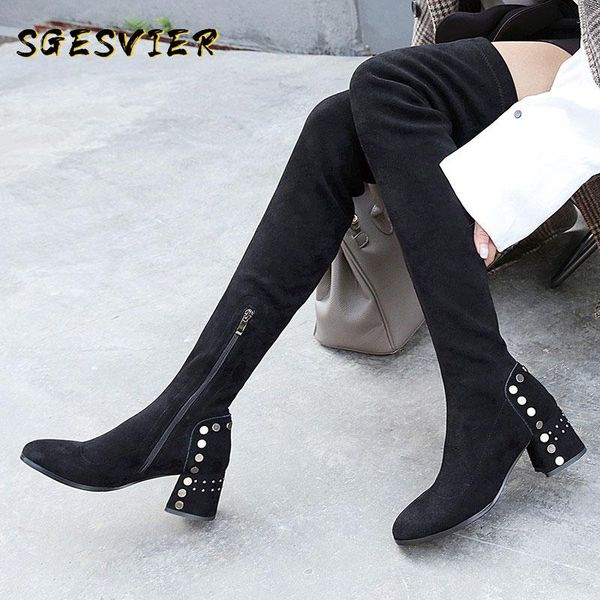 

boots sgesvier 2021 arrival thigh high women flock zip autumn heels shoes fashion stretch female, Black