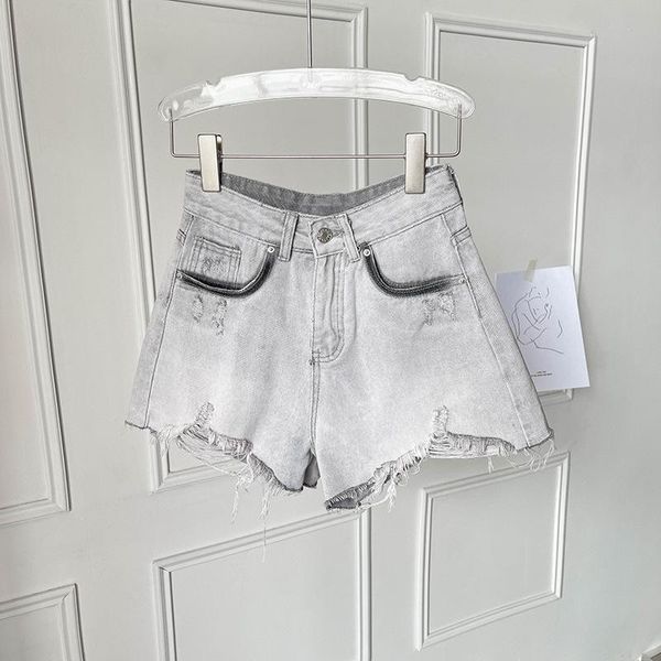 

women's shorts 2021 women denim short pants high wais gray white color casual wdie leg female ripped hem summer, White;black