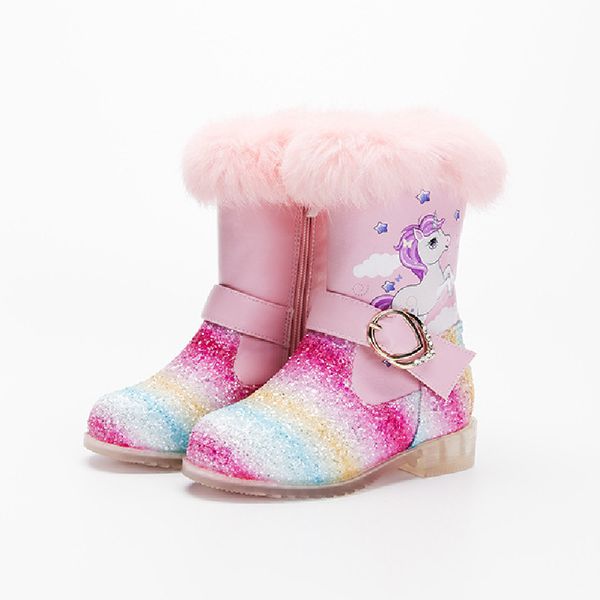 

princess new plush warm teenage girls boots unicorn child snow boots shoes for girls glitter winter shoes kids ankle boots, Black;red
