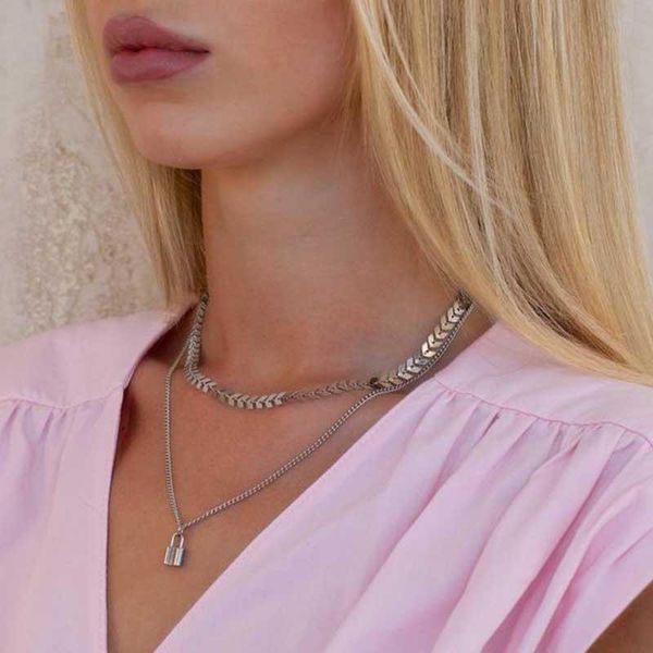 

chains retro 2 layers lock key pendants necklaces for women gold color metal snake chain necklace design party jewelry gift, Silver