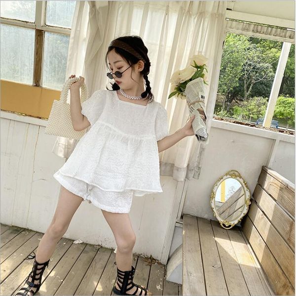 

clothing sets 2021 korea style girls 2 pcs set shirt+shorts cotton fashion summer suit 6-12t b184, White