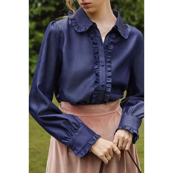 

women's blouses & shirts fall 2021 french button up shirt with elegant lapel collar and long sleeve women, White