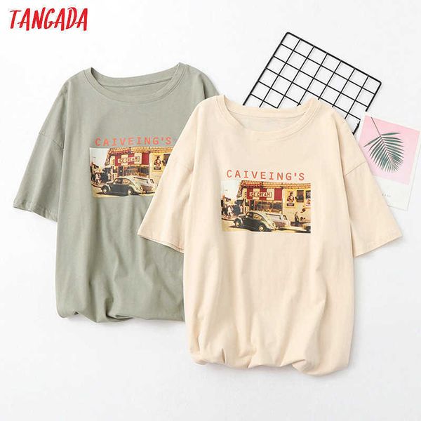 

tangada women 70s print cotton t shirt short sleeve boyfriend style oversized casual tee shirt street wear bao10 210609, White