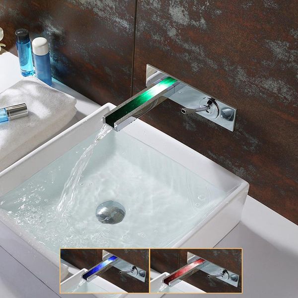

bathroom sink faucets wall mounted led waterfall basin faucet brass chrome 3 colors change by temperature water power supply