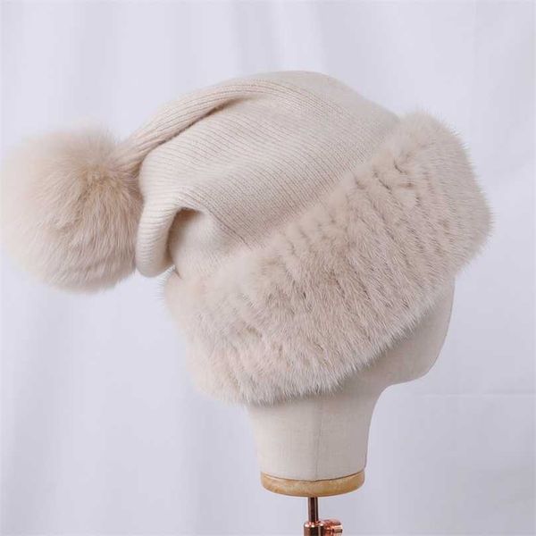 

women's winter kniited wool belend patchwork real mink fur hat cap natural pom poms beanie lady fashion 211119, Blue;gray