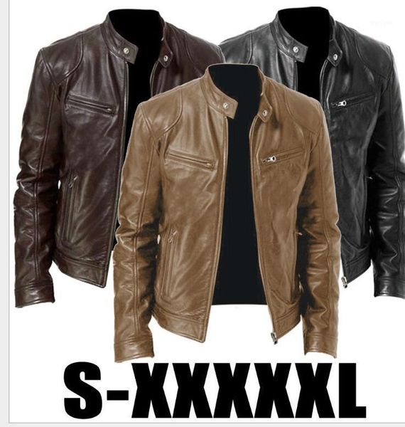 

men's jackets 2021 leather pu coat stand collar zipper jacket, Black;brown