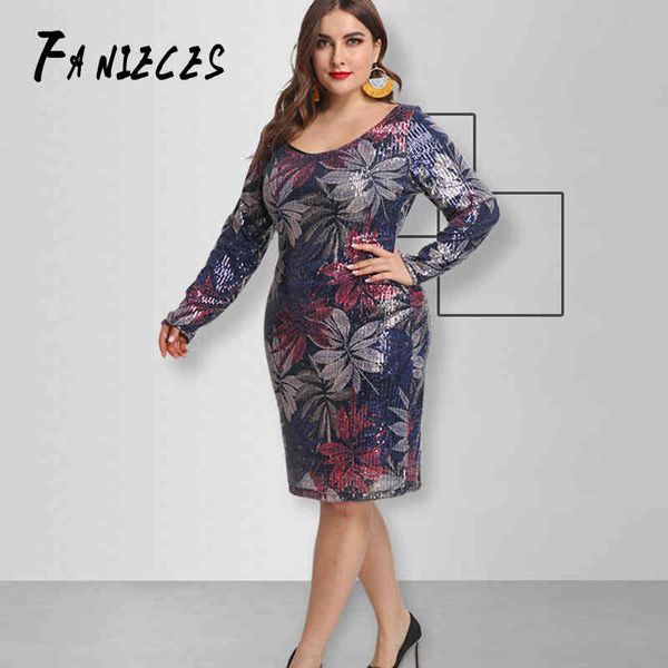 Plus Size XL-5XL Moda Donna Paillettes scintillanti Abito a tubino persone grasse Lady O Collo Manica lunga Abiti al ginocchio Abiti 210520