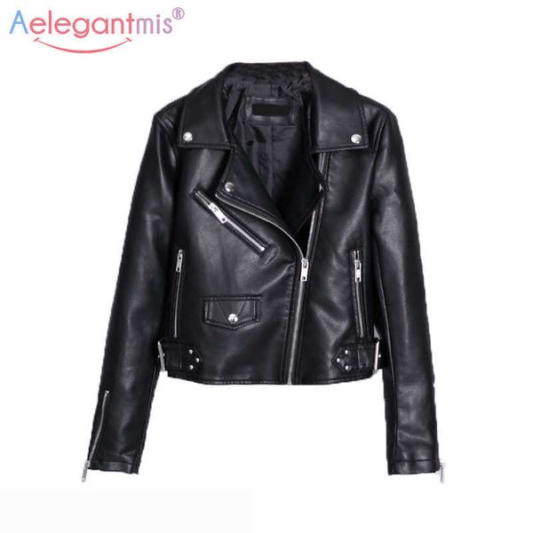 

aelegantmis autumn winter classic black pu leather jacket women short faux s street casual biker coat 210607