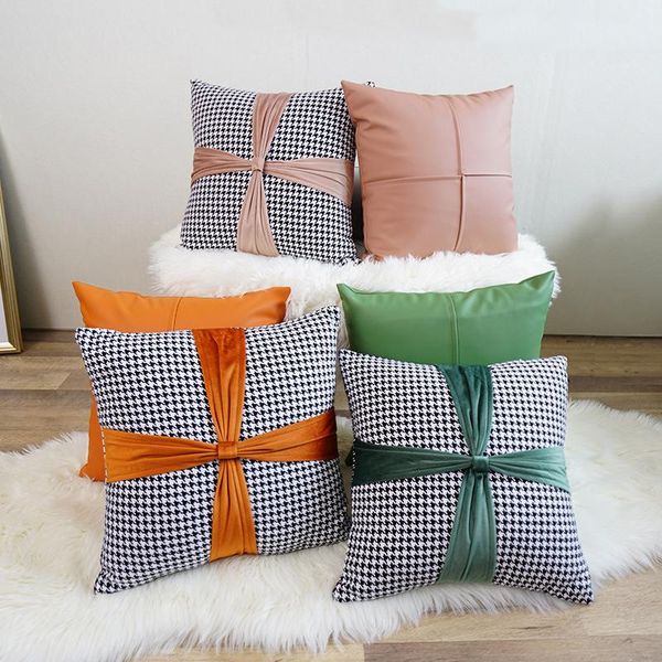 

cushion/decorative pillow simple houndstooth pattern cushion cover with bow pillowcase decorative pu leather backrest