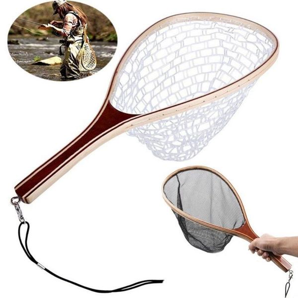 

fishing accessories landing net portable durable wooden handle rubber/nylon mesh catch release scoop