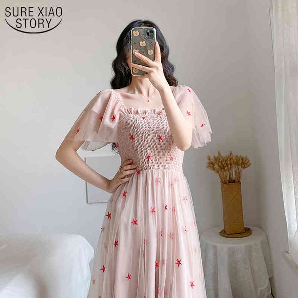 

sweet summer women embroidery mesh dresses ruffle short sleeve square collar high waist pink midi long dress vestido 10122 210417, Black;gray