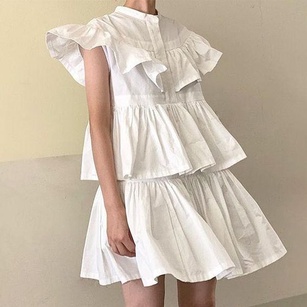 

casual dresses [ewq] korea chic fashion temperament o neck ruffled loose white short-sleeved midi dress women summer 2021 16e636, Black;gray