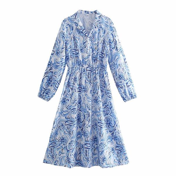 

casual dresses yenkye elegant women blue print long dress female lapel collar elastic waist a-line ladies vestido, Black;gray