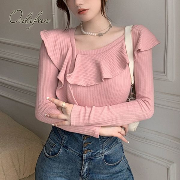 Outono Mulheres Ruffle T-shirt Manga Longa Slim Casual Elegante Senhoras Camiseta Tees Sexy Pink Tops 210415