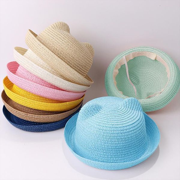 

Cute Straw Hat With Ears Summer Outdoor Children Floppy Panama Kids Girls Boys Shades Beach Sun Cap, Blue;gray