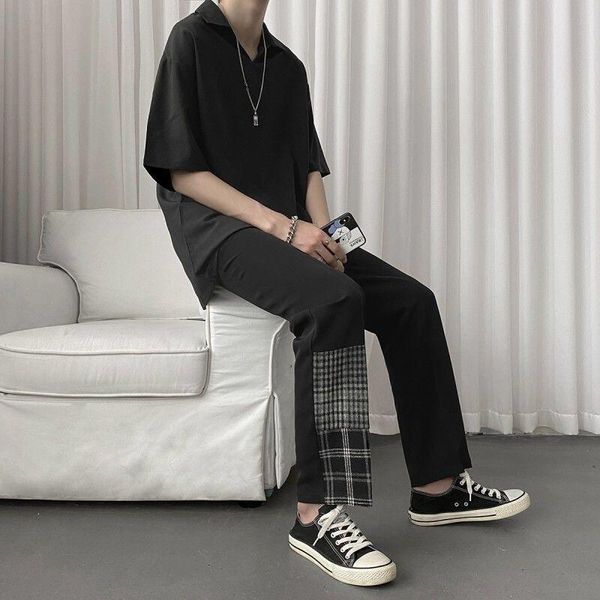 

spring plaid stitching trousers for men men's pants, Black