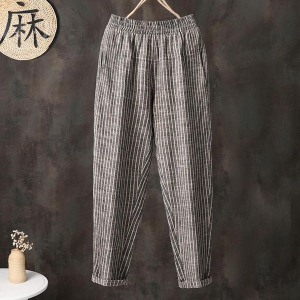 

women's pants & capris striped cotton linen summer thin high waist casual loose ankle-length harlan small radish, Black;white