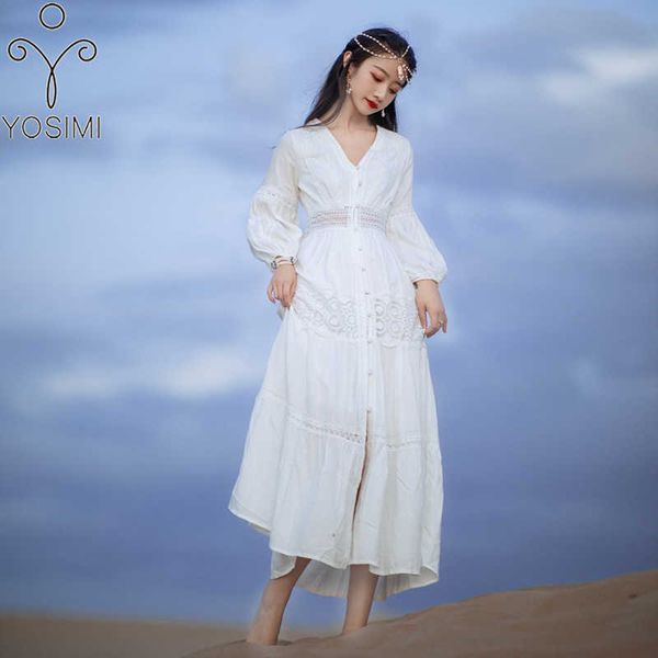 YOSIMI Maxi elegante bianco in cotone e lino pizzo scollo a V vintage bohemien abito femminile autunno manica lunga abiti da donna 210604