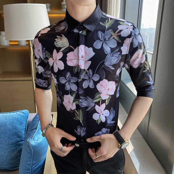 

summer short sleeve flower shirts men slim fit streetwear social party chemise homme male business formal dress male clothing 210527, White;black