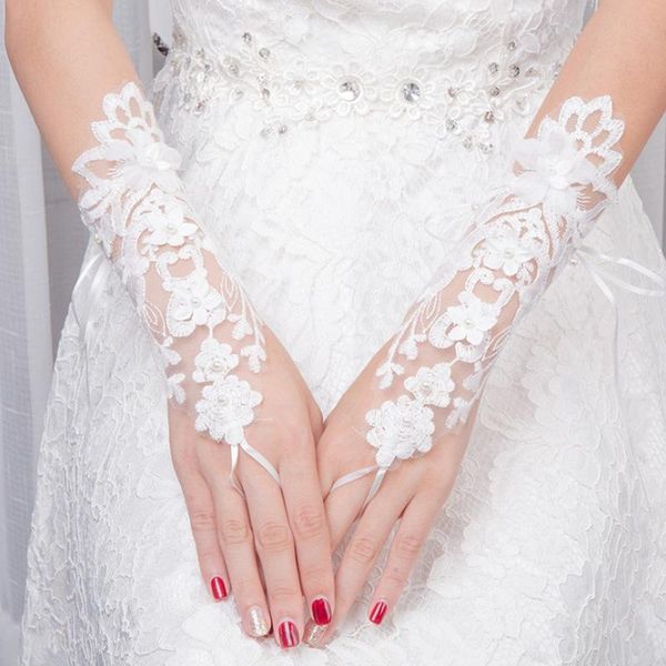 

bridal gloves women short wedding fingerless imitation pearl rhinestone jewelry embroidery floral lace accessories, White