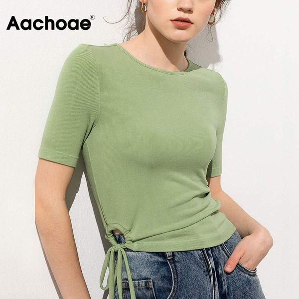 

solid fashion women t shirt o neck side dstring chic summer tshirt short sleeve home style cropped ropa mujer, Black;white