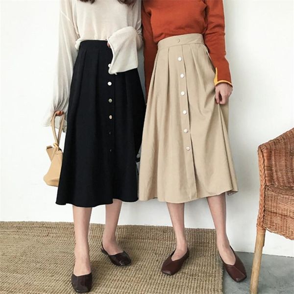 

autumn korean women simple pure color elastic waist casual high skirt suit a-line long 210527, Black