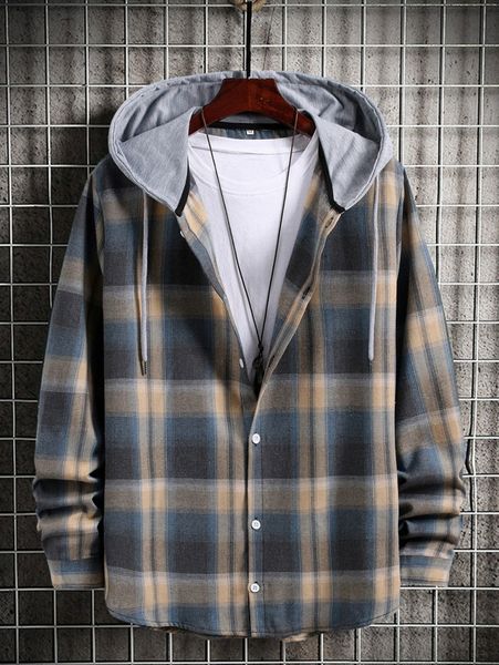 

men plaid print button up drawstring hooded shirt without tee i6o5#, White;black