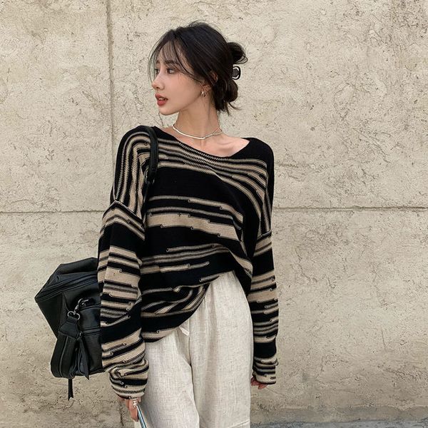 

lazy style striped loose sweater knit sweater women thin pullover jacket outer wear autumn new women's clothing 210412, White;black